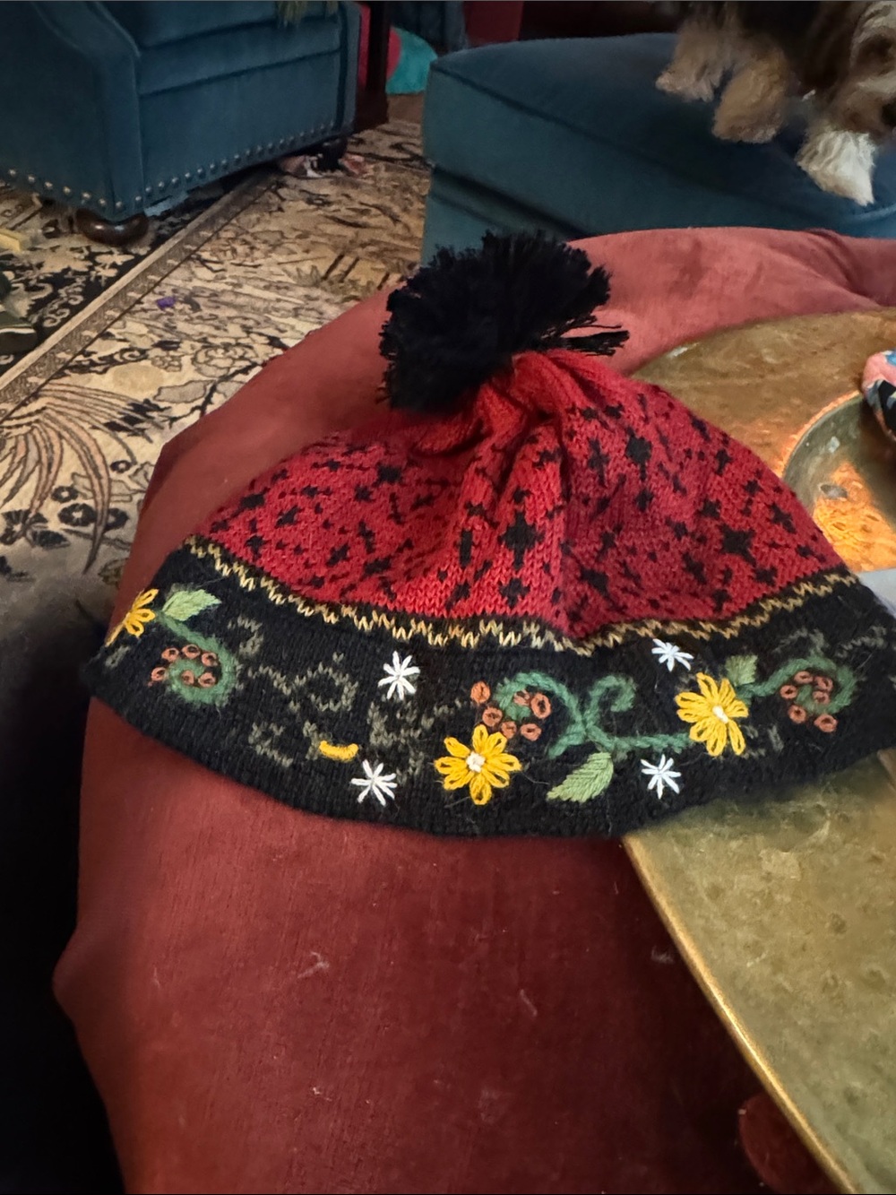 Floral Embroidered Pom-Pom Beanie - Red & Black